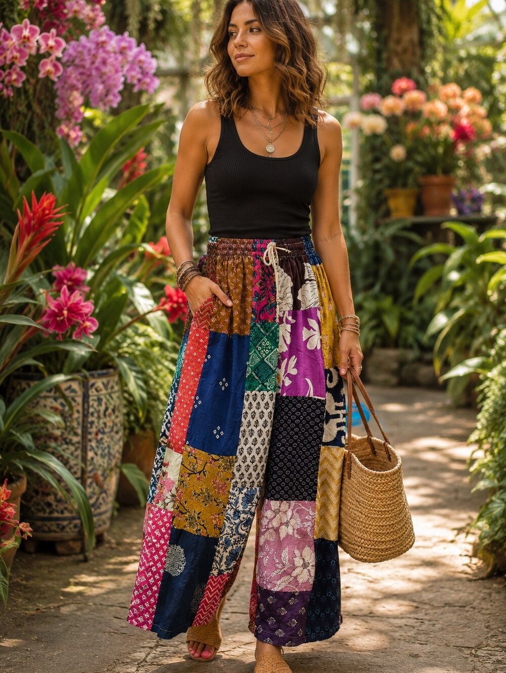 NWT Kathmandu Imports Patchwork Wide Leg Cotton Pants Boho India OS Large 12/14
